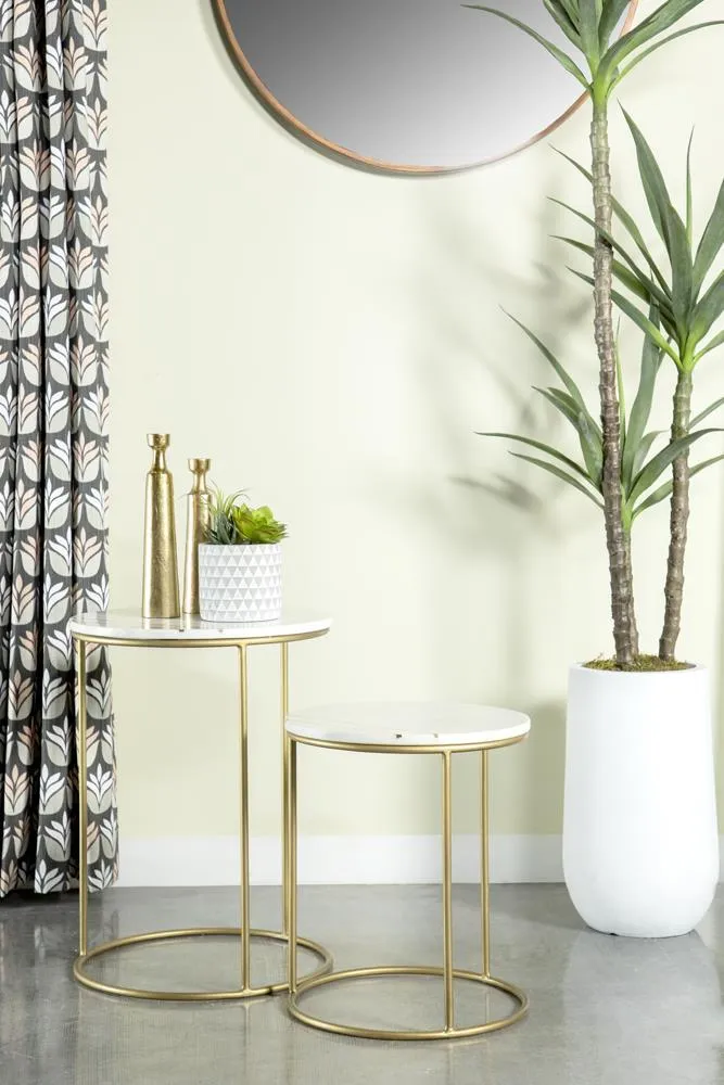 2-piece Round Marble Top Nesting Tables White And Gold