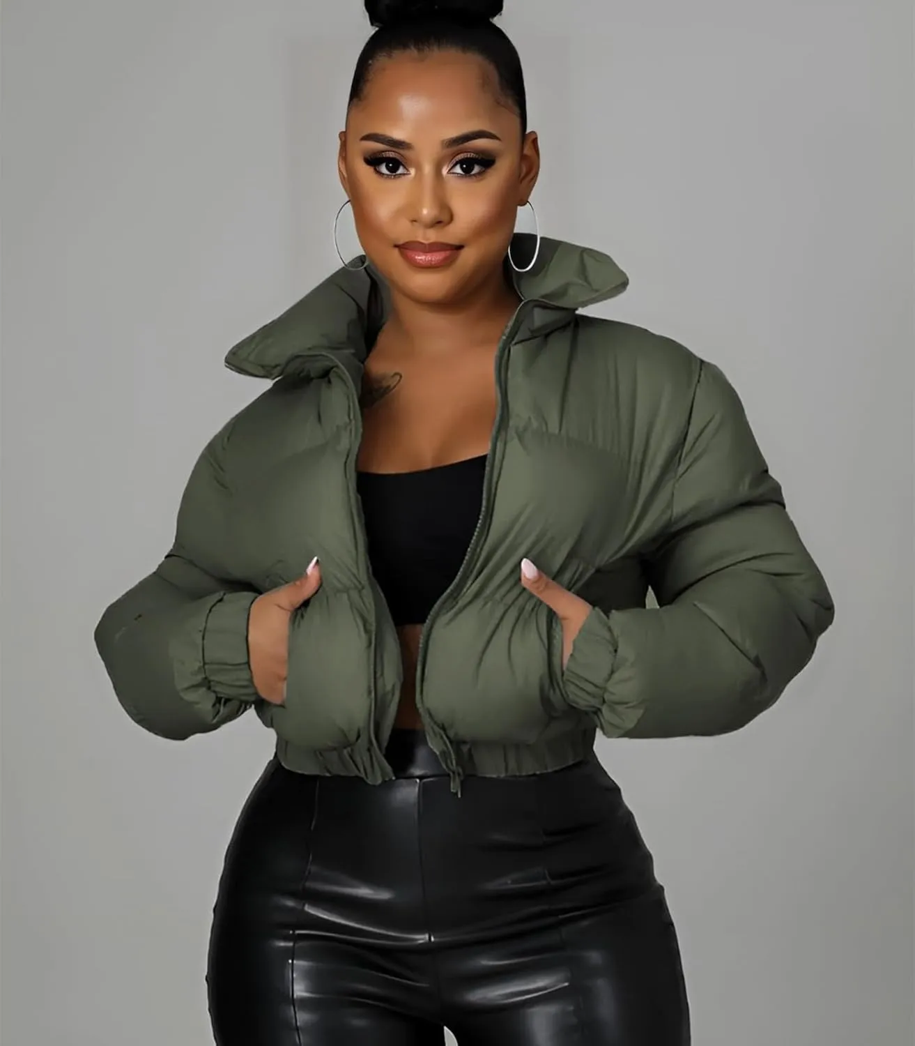 Angsuttc Puffer Jacket Womens Cropped Zip Up Padding Warm Quilted Jackets Winter Coats