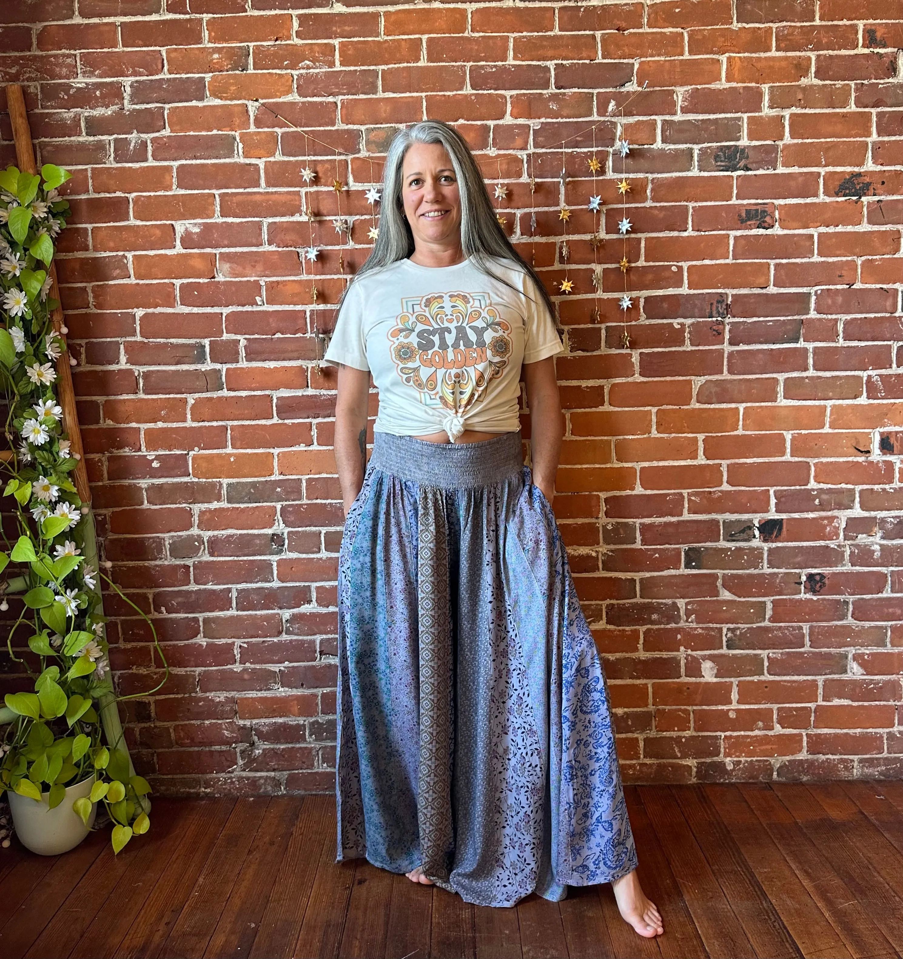 Aurora Flowy Patchwork Wide Leg Palazzo Pants - Blue