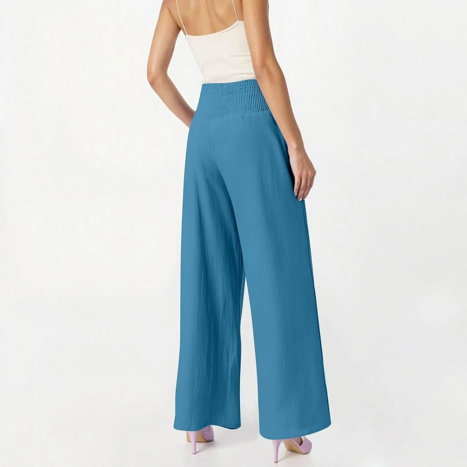 Baggy Linen Pants Women Summer High Waisted Wide Leg Palazzo Pants Smocked Pant Lounge Work Trousers with Pockets
