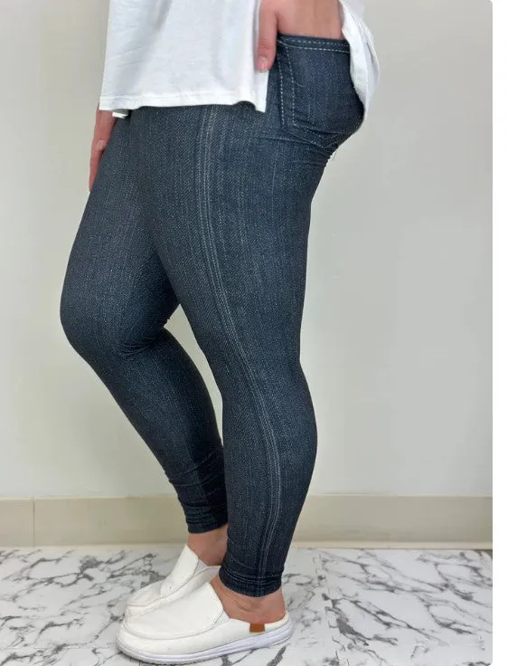 Black Denim Look Leggings w/Back Pockets - #6075-6076