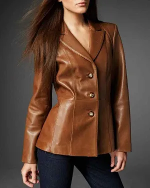 Brown 100% Real Leather Korean Style Slim Fit Women's Blazer