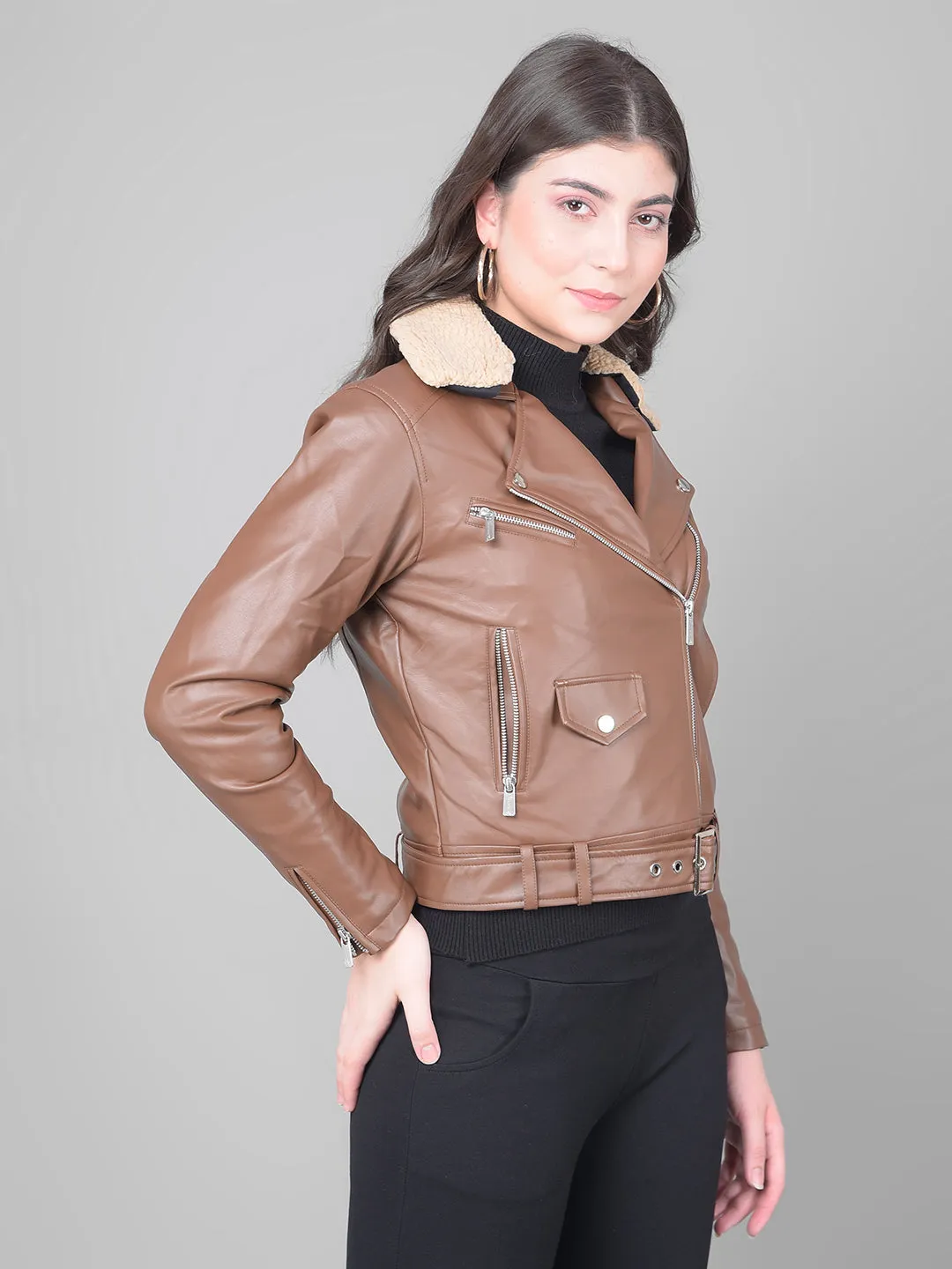 Brown Cropped Leather Jacket With Belt