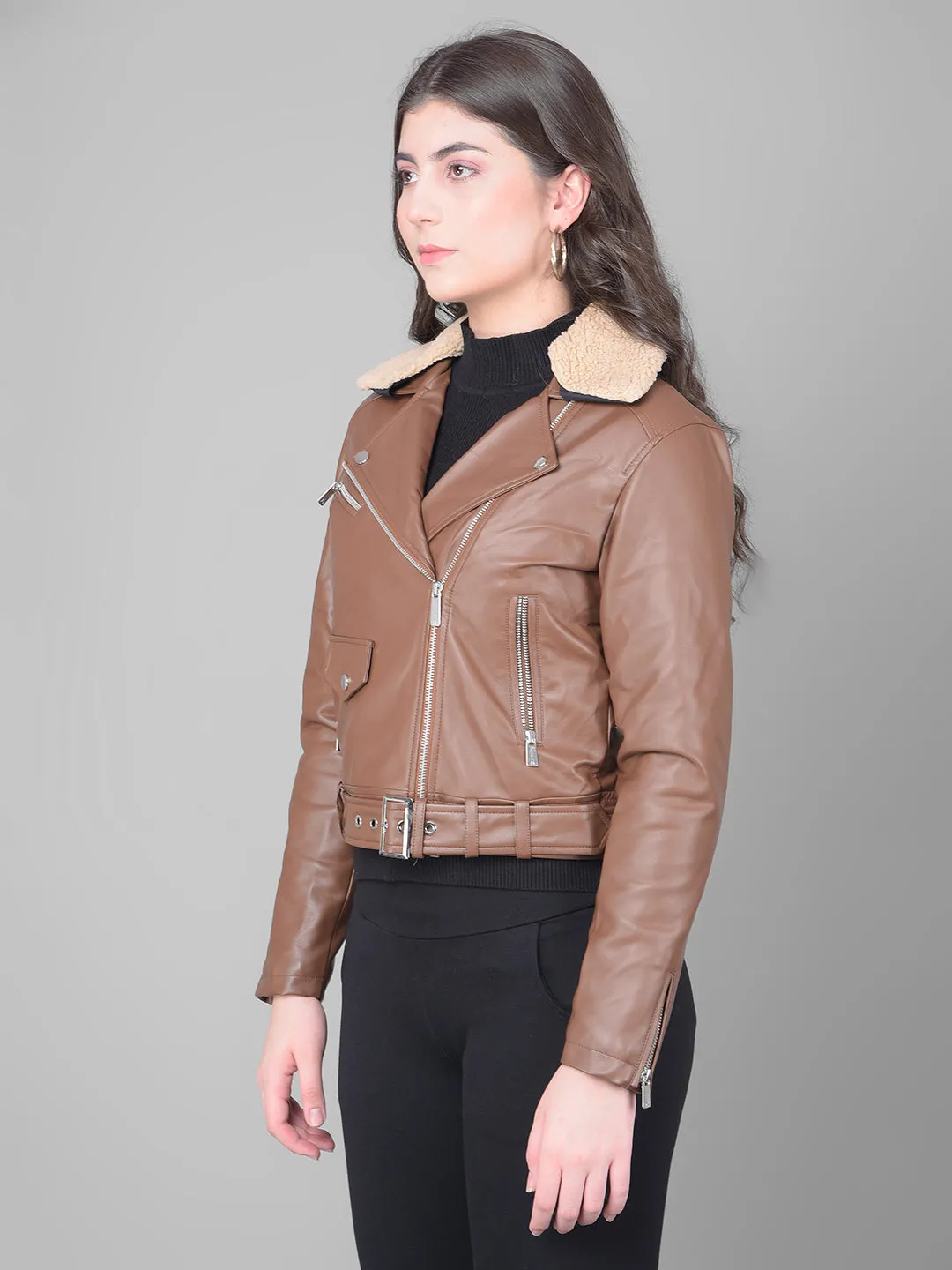 Brown Cropped Leather Jacket With Belt