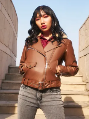 Brown Cropped Leather Jacket With Belt