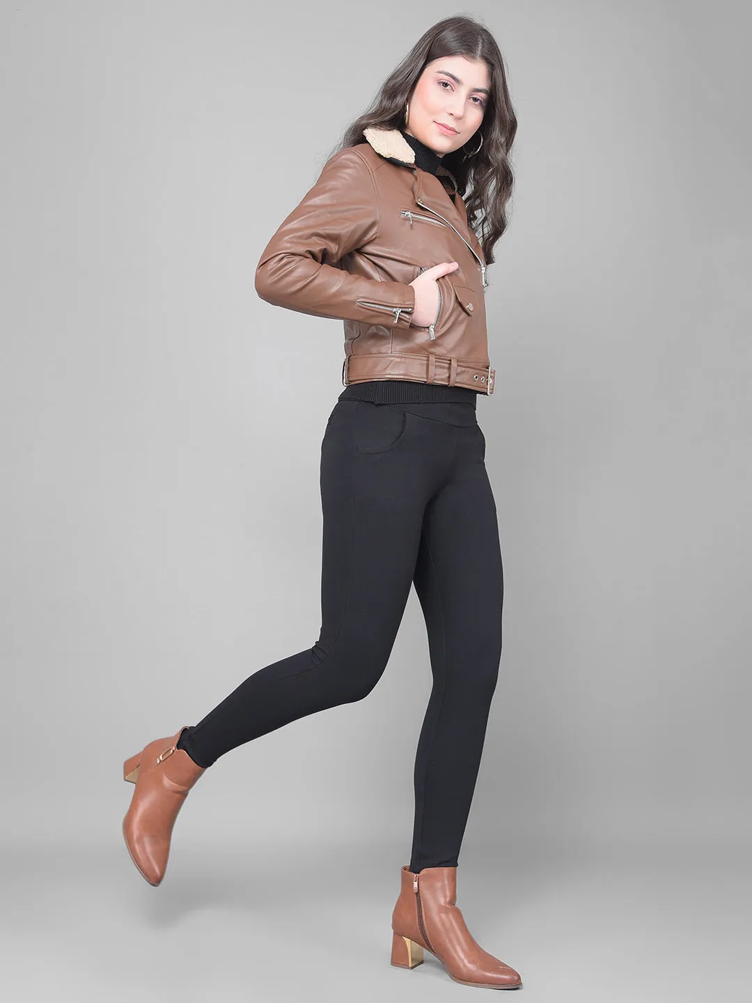 Brown Cropped Leather Jacket With Belt