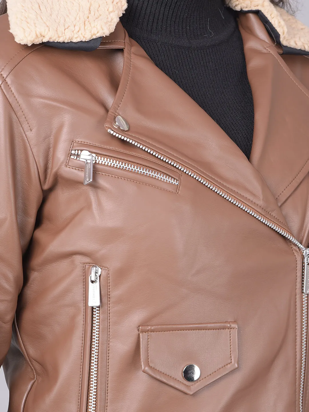 Brown Cropped Leather Jacket With Belt
