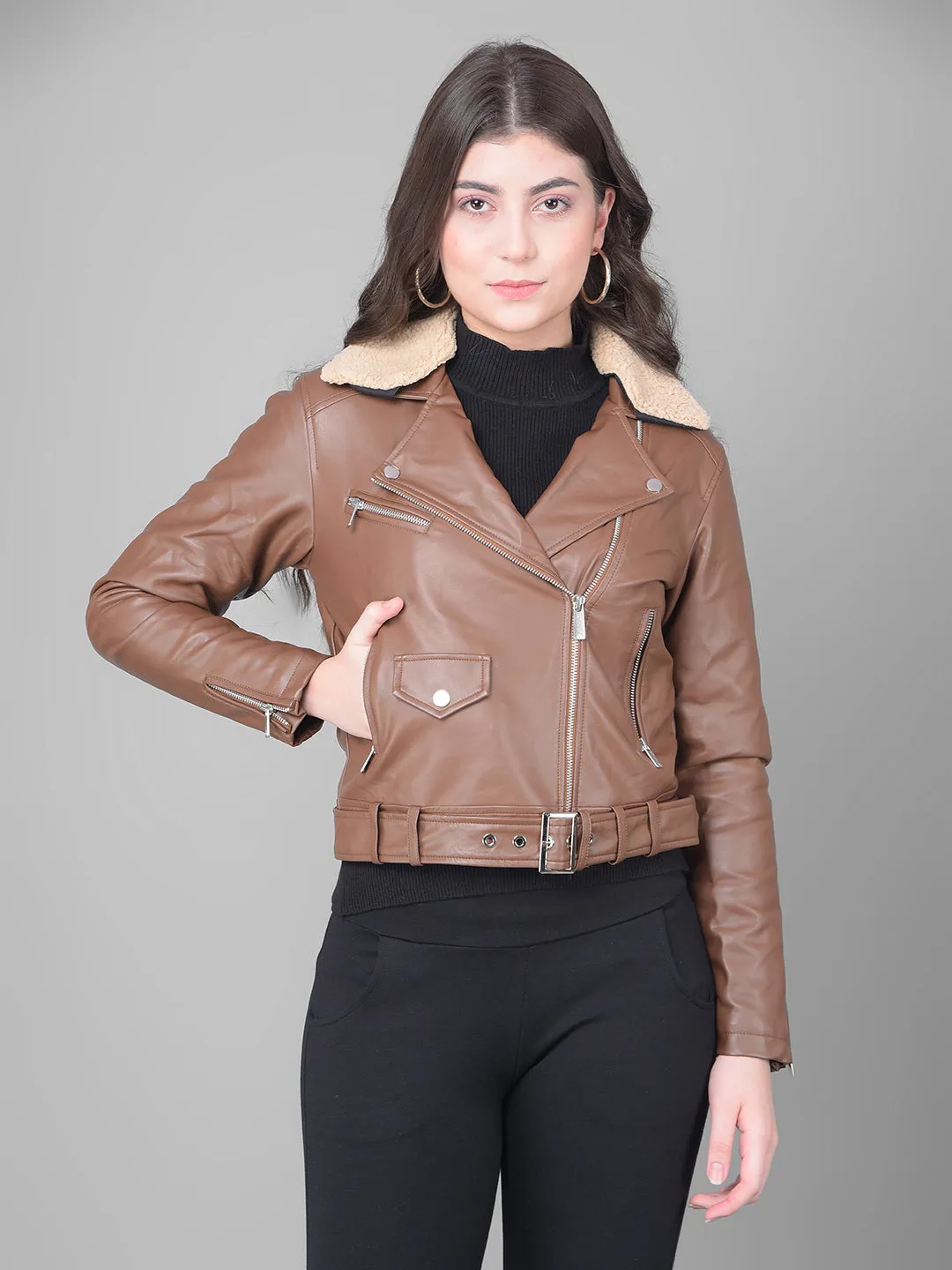 Brown Cropped Leather Jacket With Belt