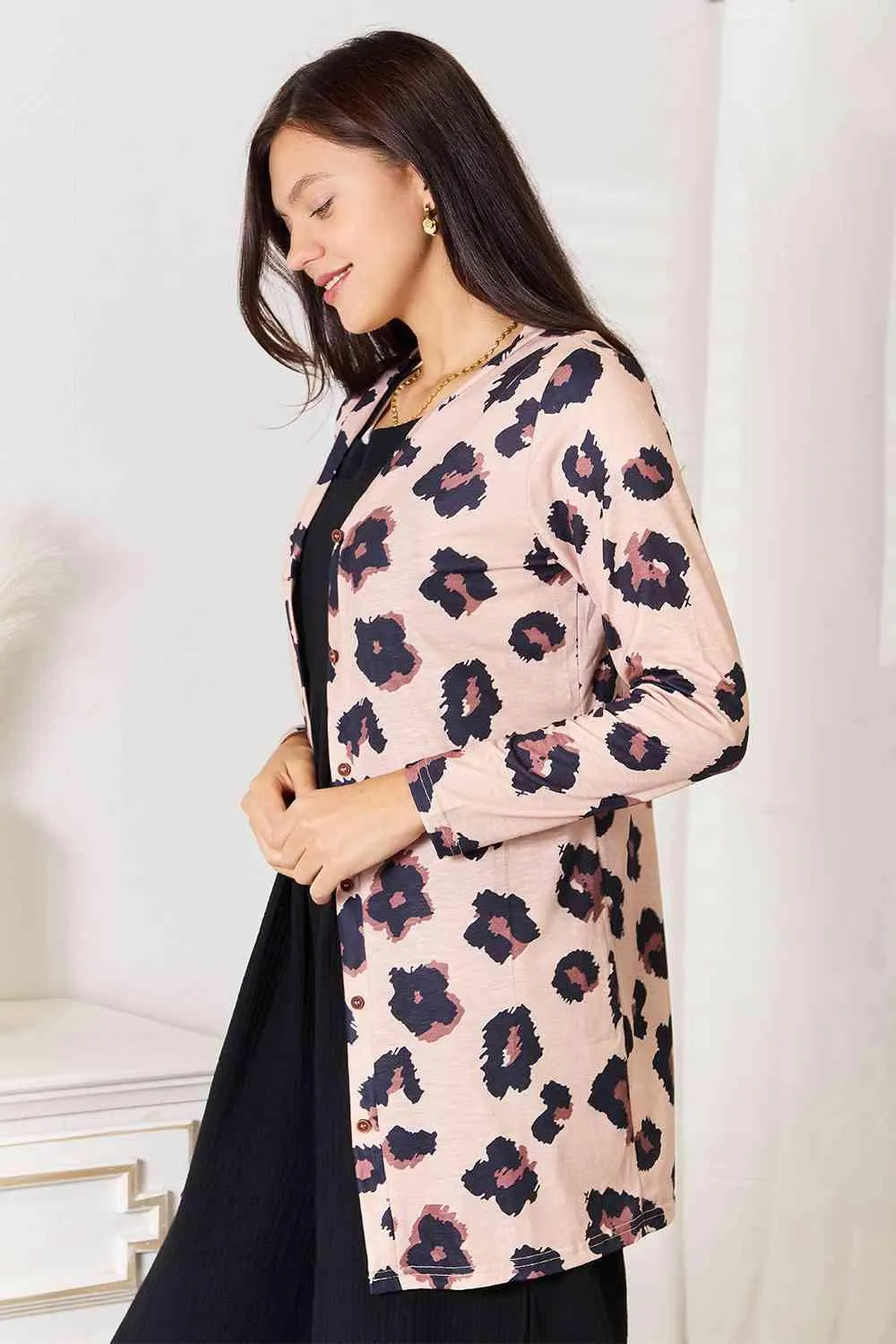 Button Front Longline Womens Leopard Cardigan