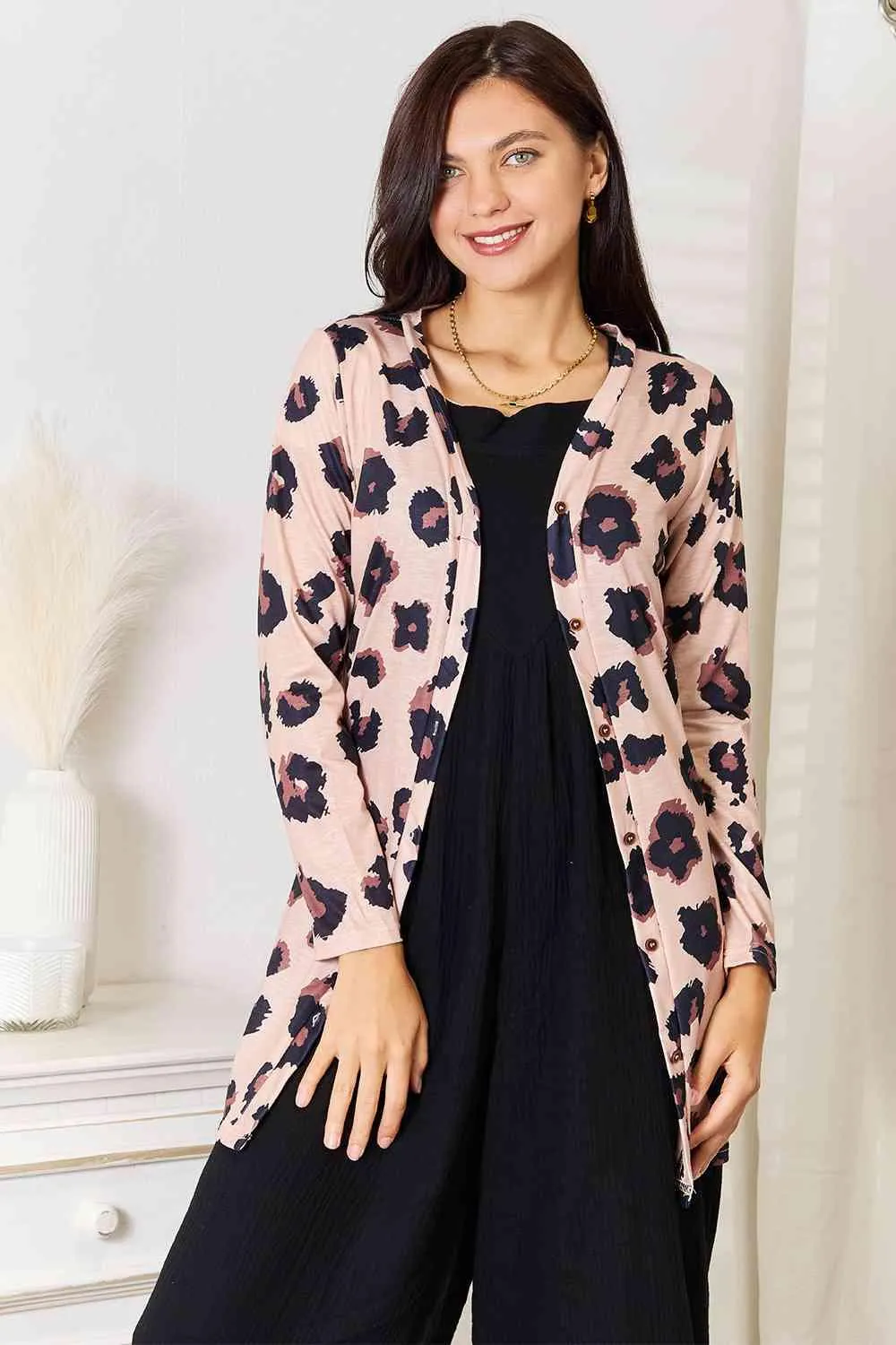 Button Front Longline Womens Leopard Cardigan