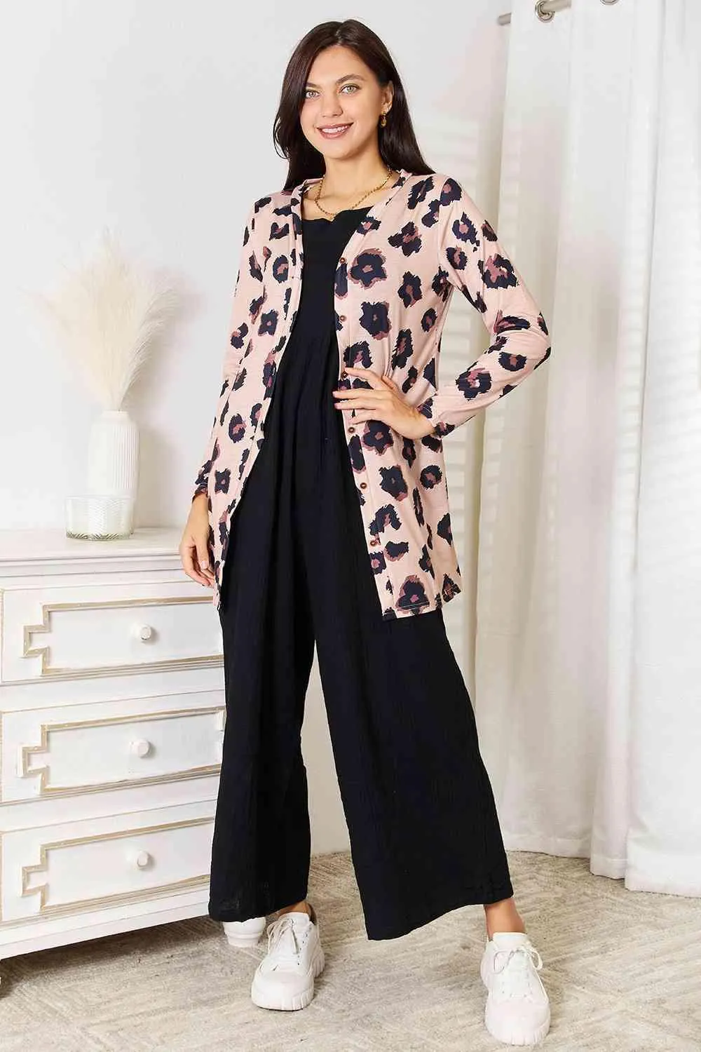 Button Front Longline Womens Leopard Cardigan