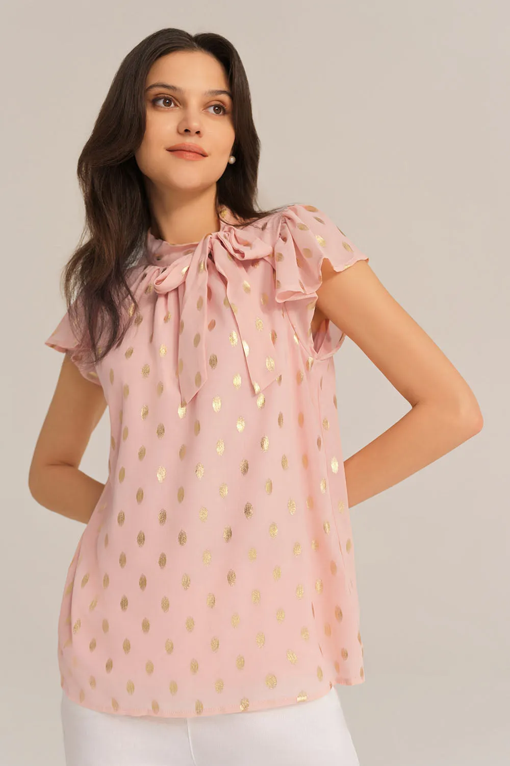 Casual Hot Stamping Short Sleeve Stand Collar Pullover Tops - Pink