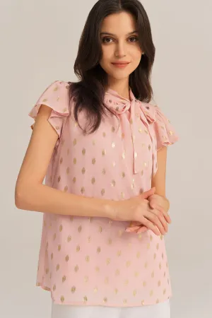 Casual Hot Stamping Short Sleeve Stand Collar Pullover Tops - Pink
