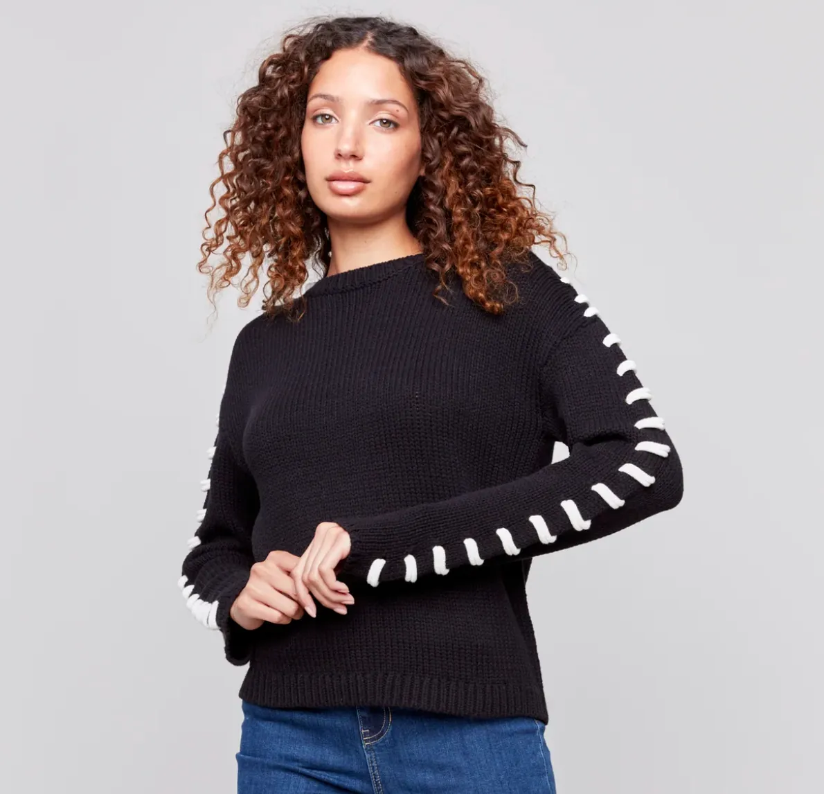 Charlie B Black Chunky Sweater with White Ties