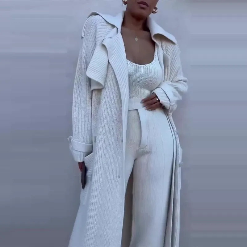 Chic Ivory Knit Cardigan Trench Coat