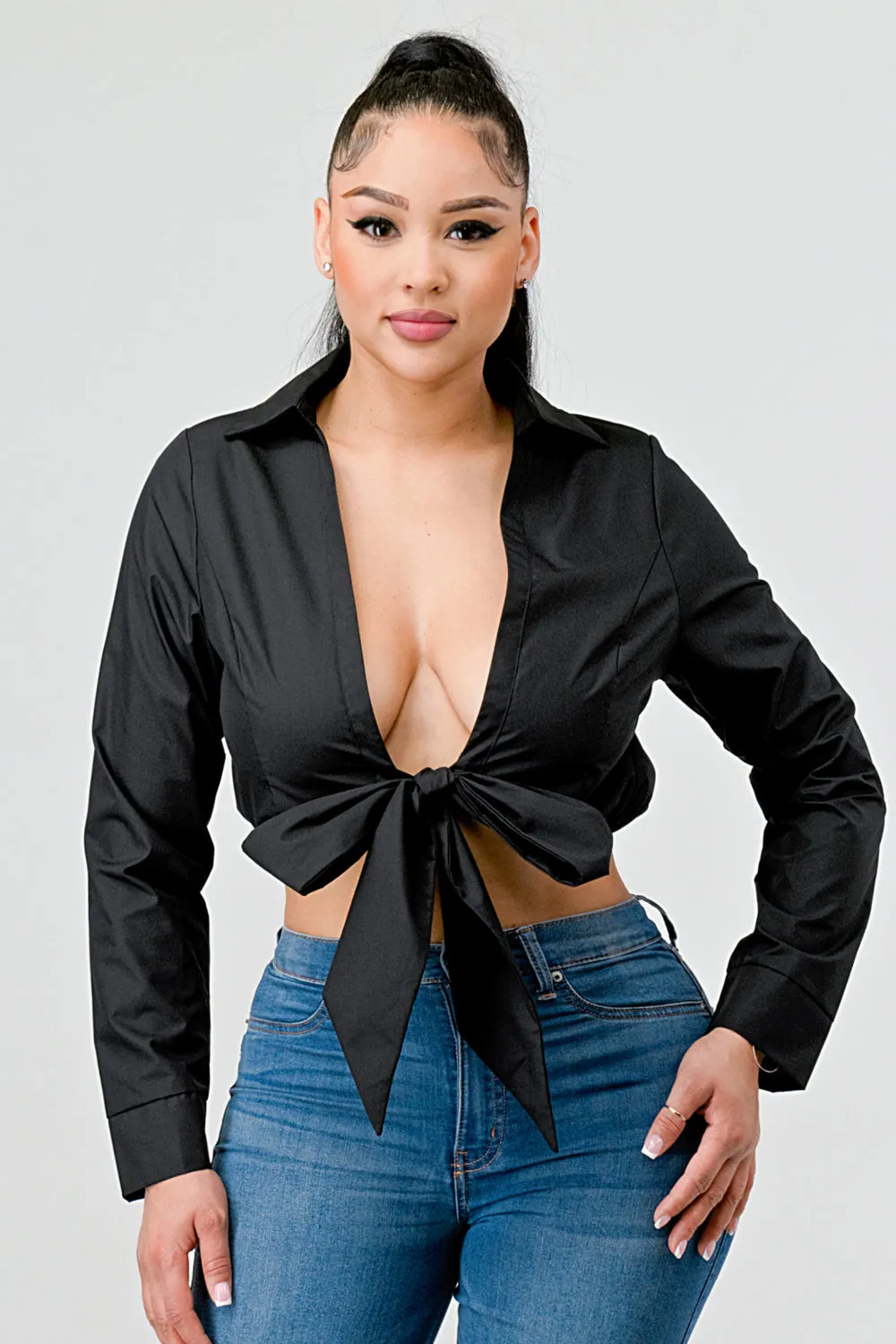 CHIC POPLIN COLLARED OPEN FRONT TIE TOP