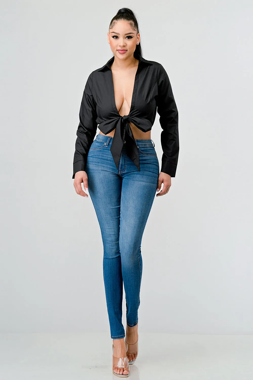 CHIC POPLIN COLLARED OPEN FRONT TIE TOP
