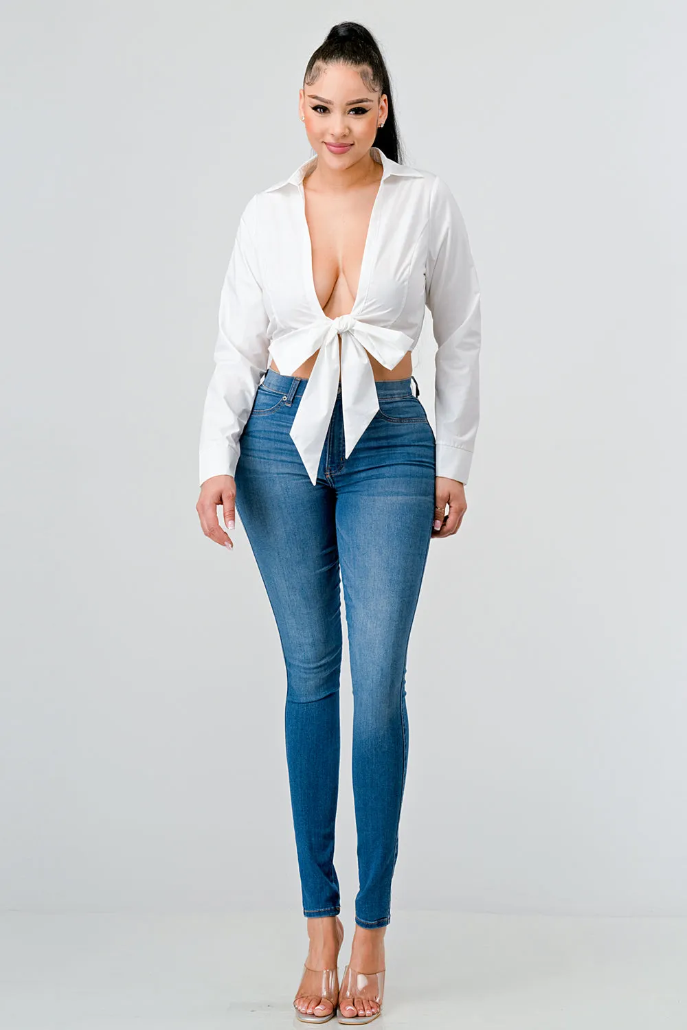 CHIC POPLIN COLLARED OPEN FRONT TIE TOP