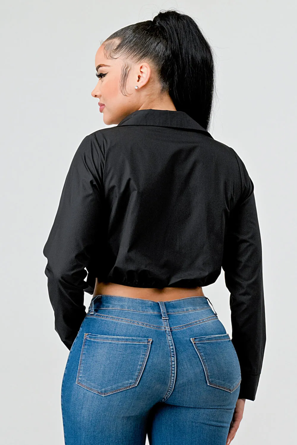 CHIC POPLIN COLLARED OPEN FRONT TIE TOP