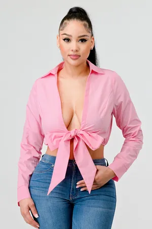 CHIC POPLIN COLLARED OPEN FRONT TIE TOP