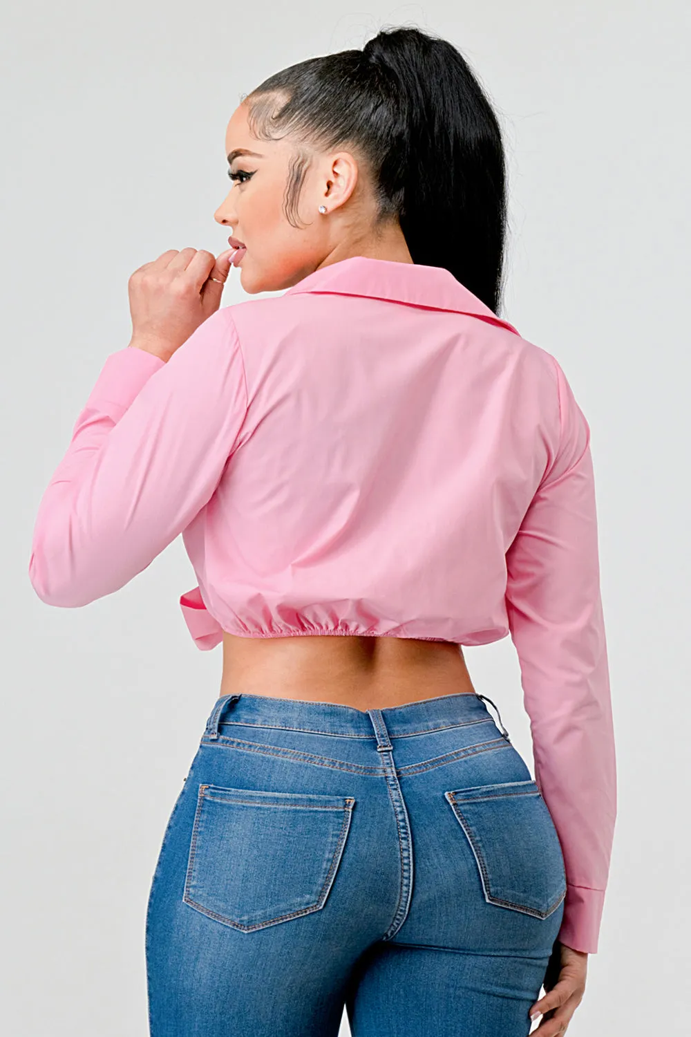 CHIC POPLIN COLLARED OPEN FRONT TIE TOP