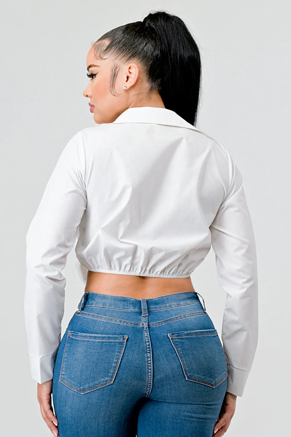 CHIC POPLIN COLLARED OPEN FRONT TIE TOP