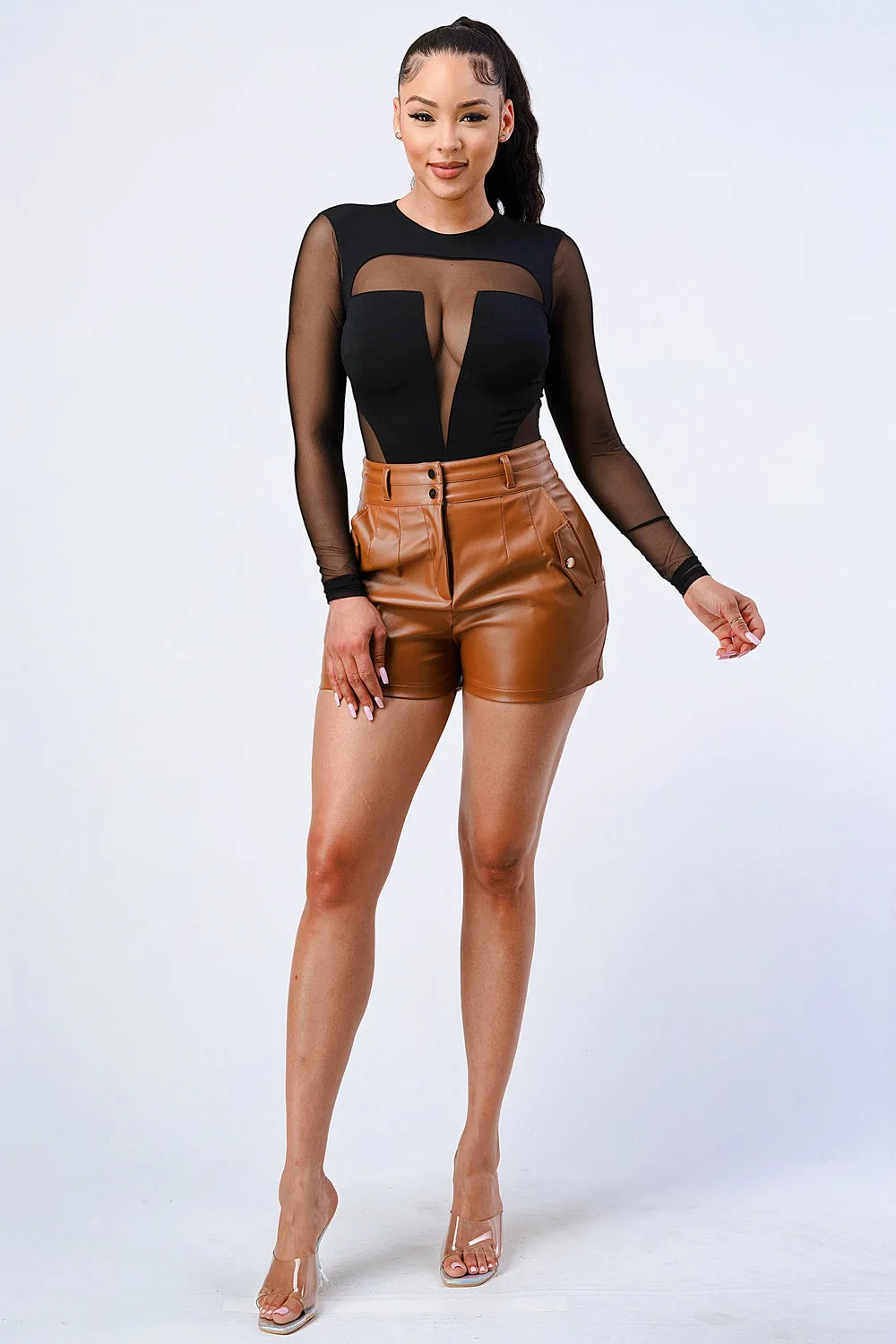 CHIC SEE-THRU MESH ROUND NECK BODYSUIT