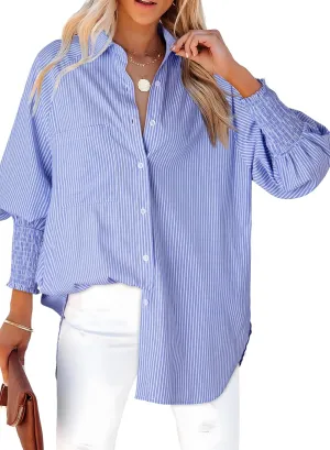 Dokotoo Womens V Neck Striped Button Down Shirts Long Sleeve Tunic Tops