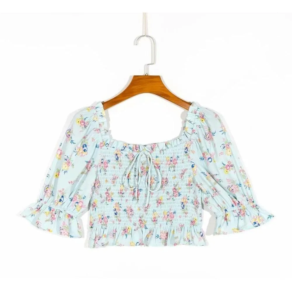 ELASTIC VINTAGE FLORAL PRINT CHIC BLOUSE