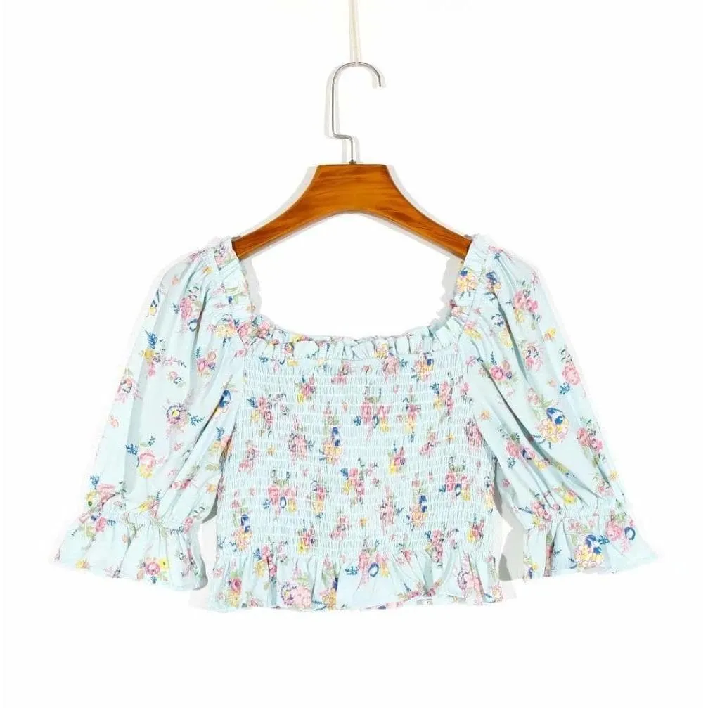 ELASTIC VINTAGE FLORAL PRINT CHIC BLOUSE