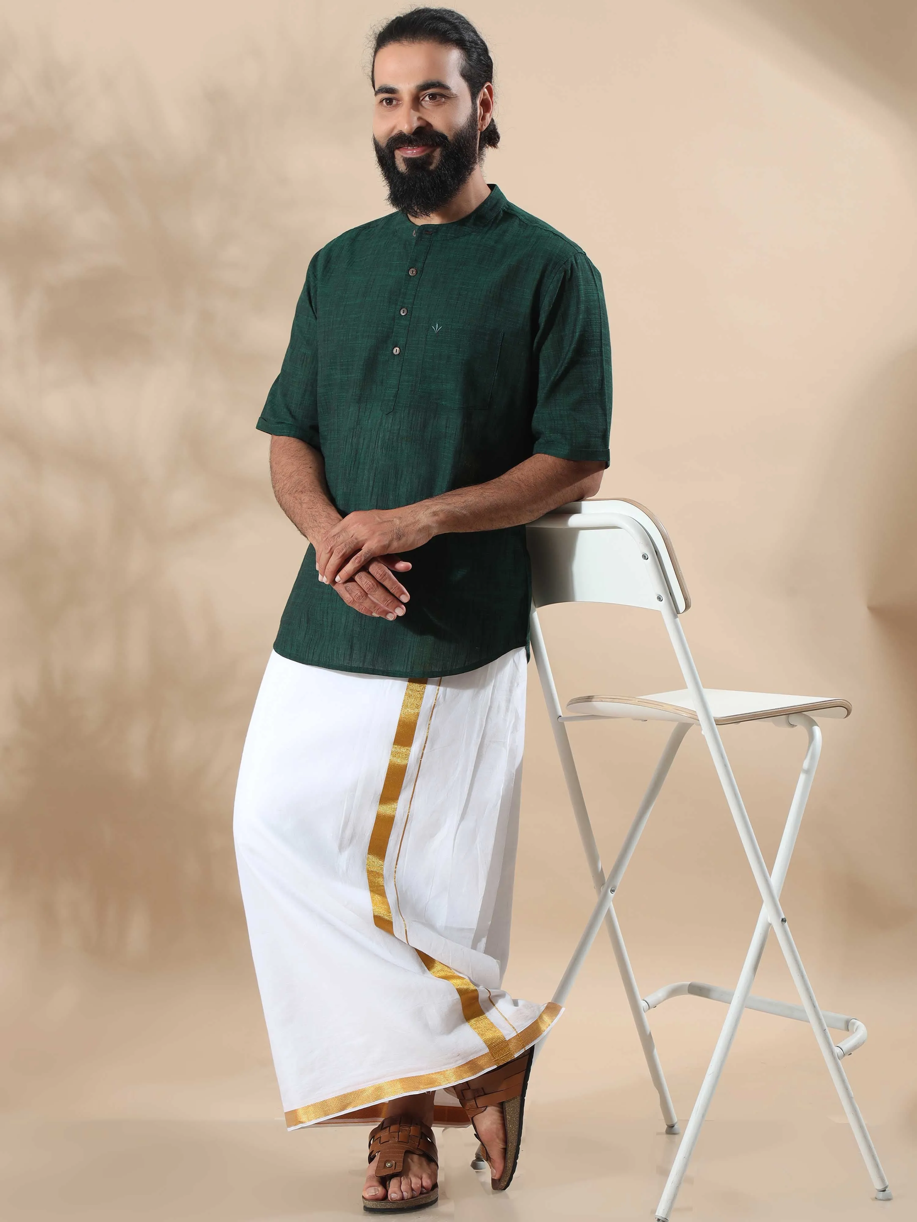 Fern Green Self Textured Short Kurta