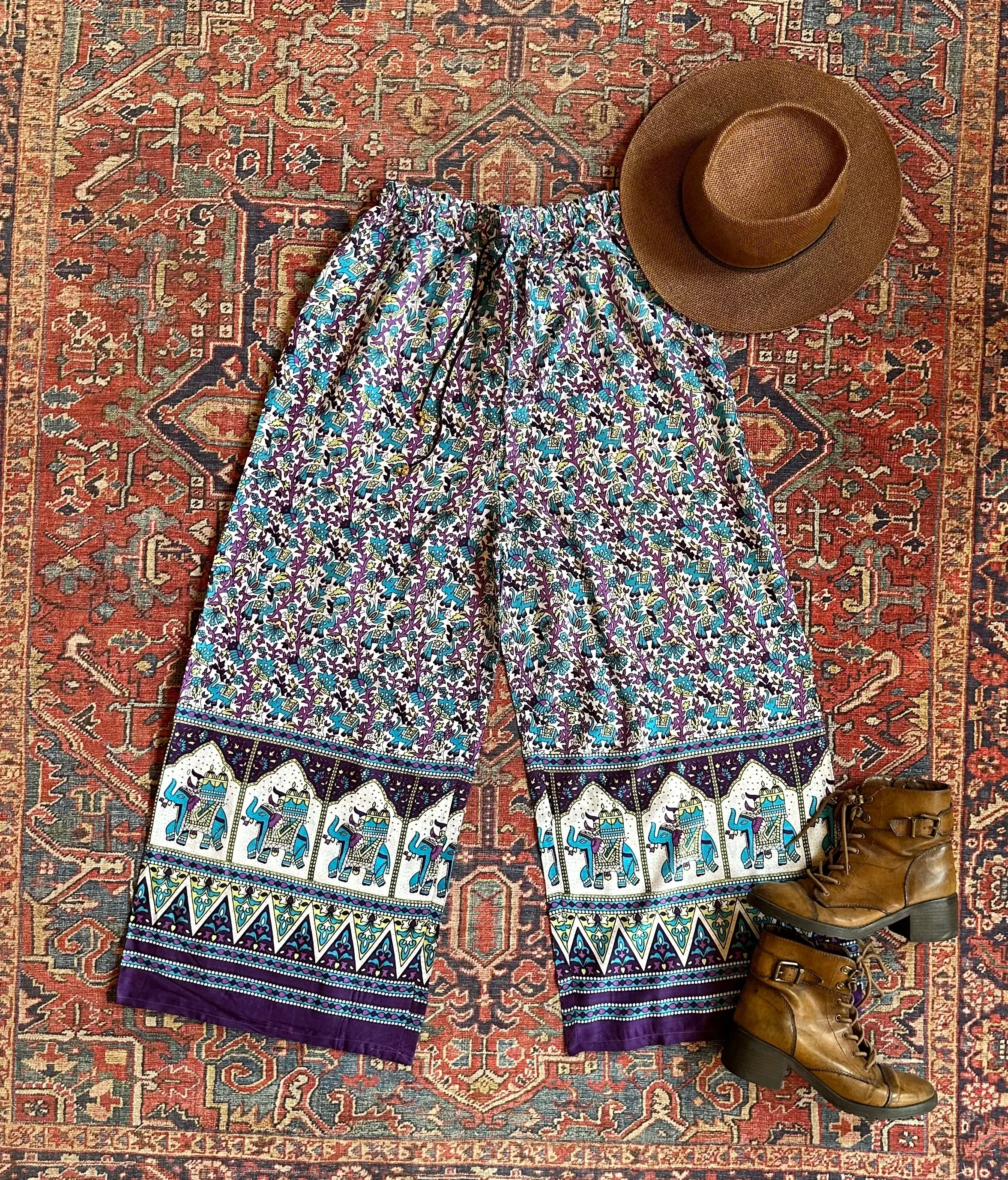 Flowy Block Print Elephant Lounge Pants - Purple   Turquoise
