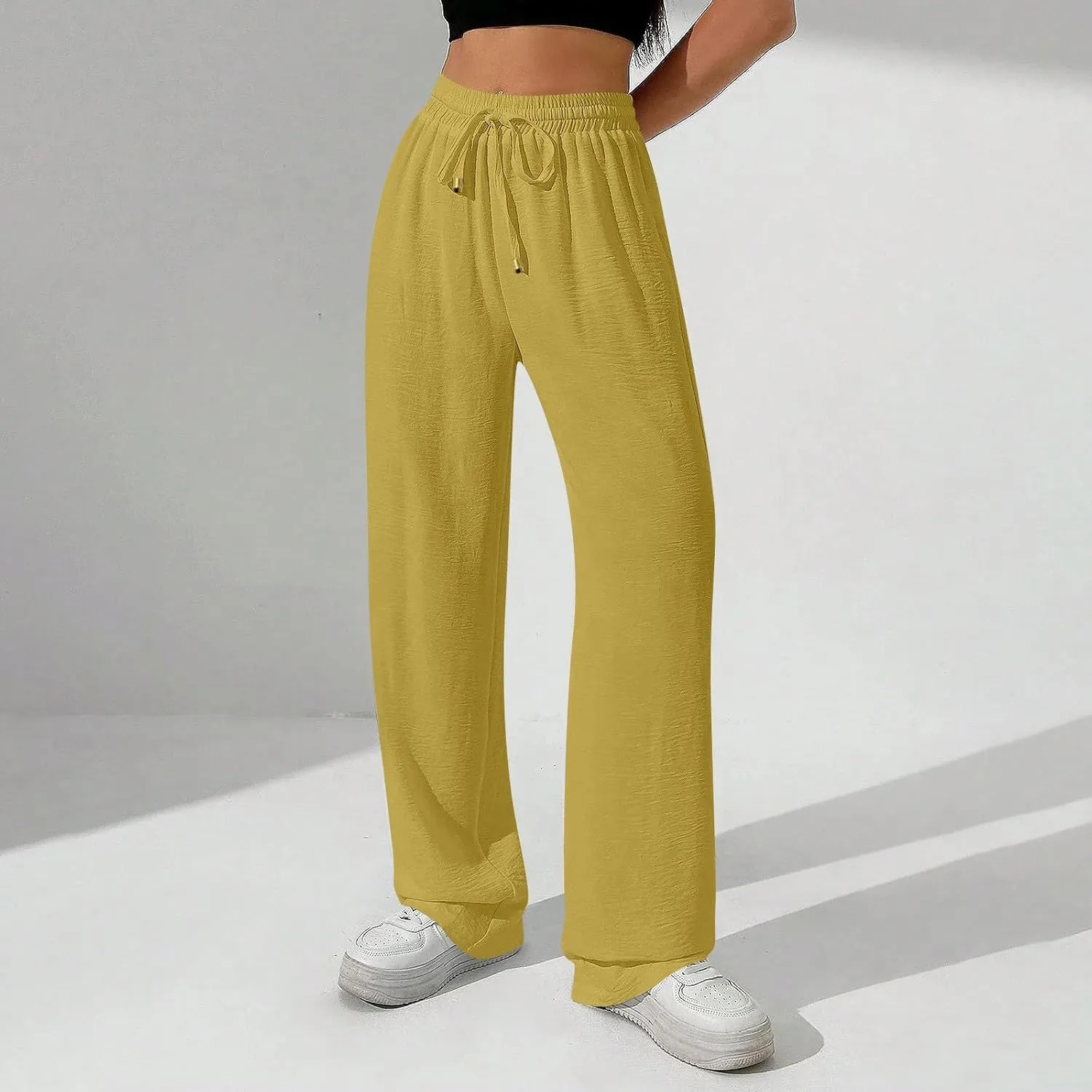 Flowy Linen Pants for Women Summer Wide Legs Pants Drawstring High Waisted Trouser Dressy Palazzo Pant with Pockets