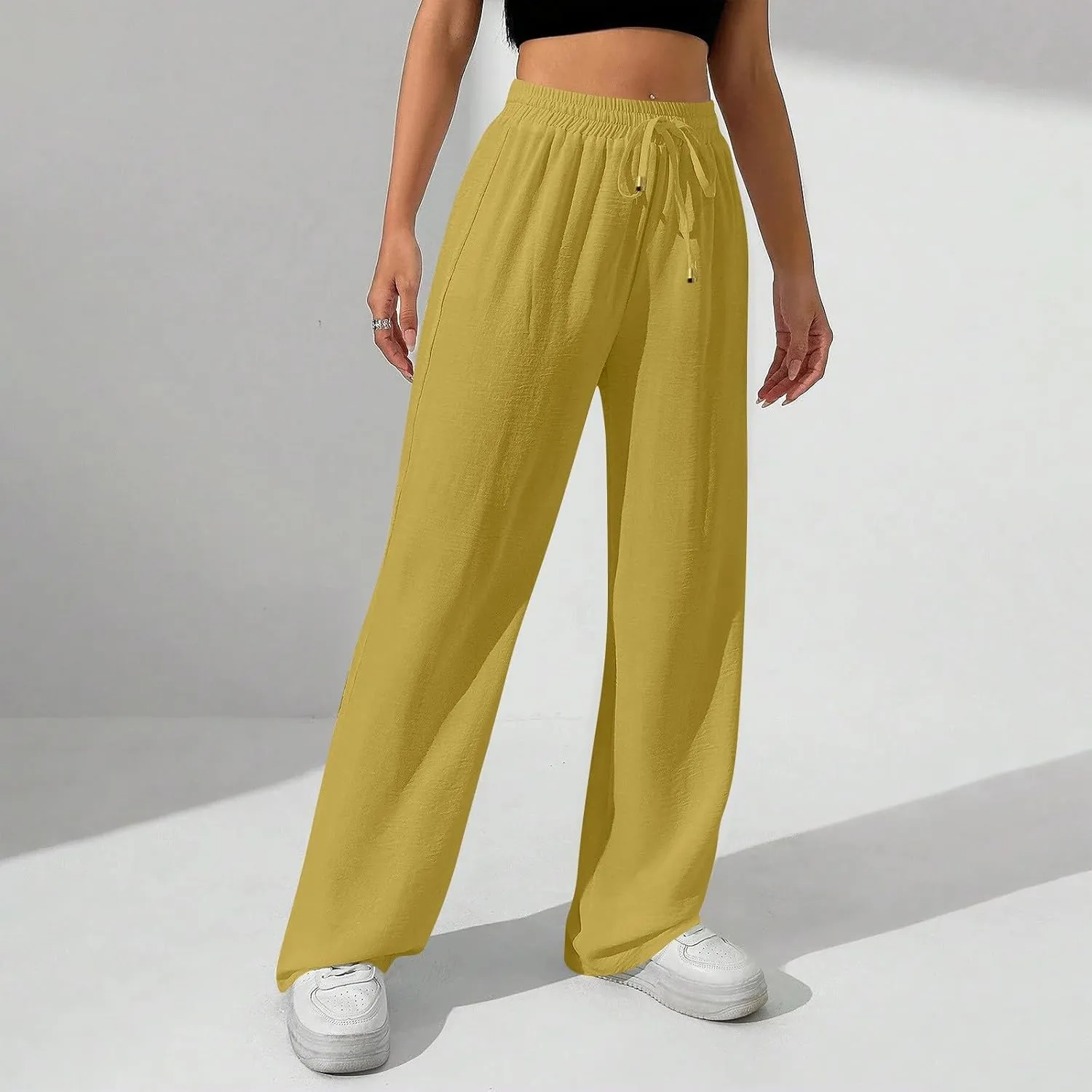 Flowy Linen Pants for Women Summer Wide Legs Pants Drawstring High Waisted Trouser Dressy Palazzo Pant with Pockets