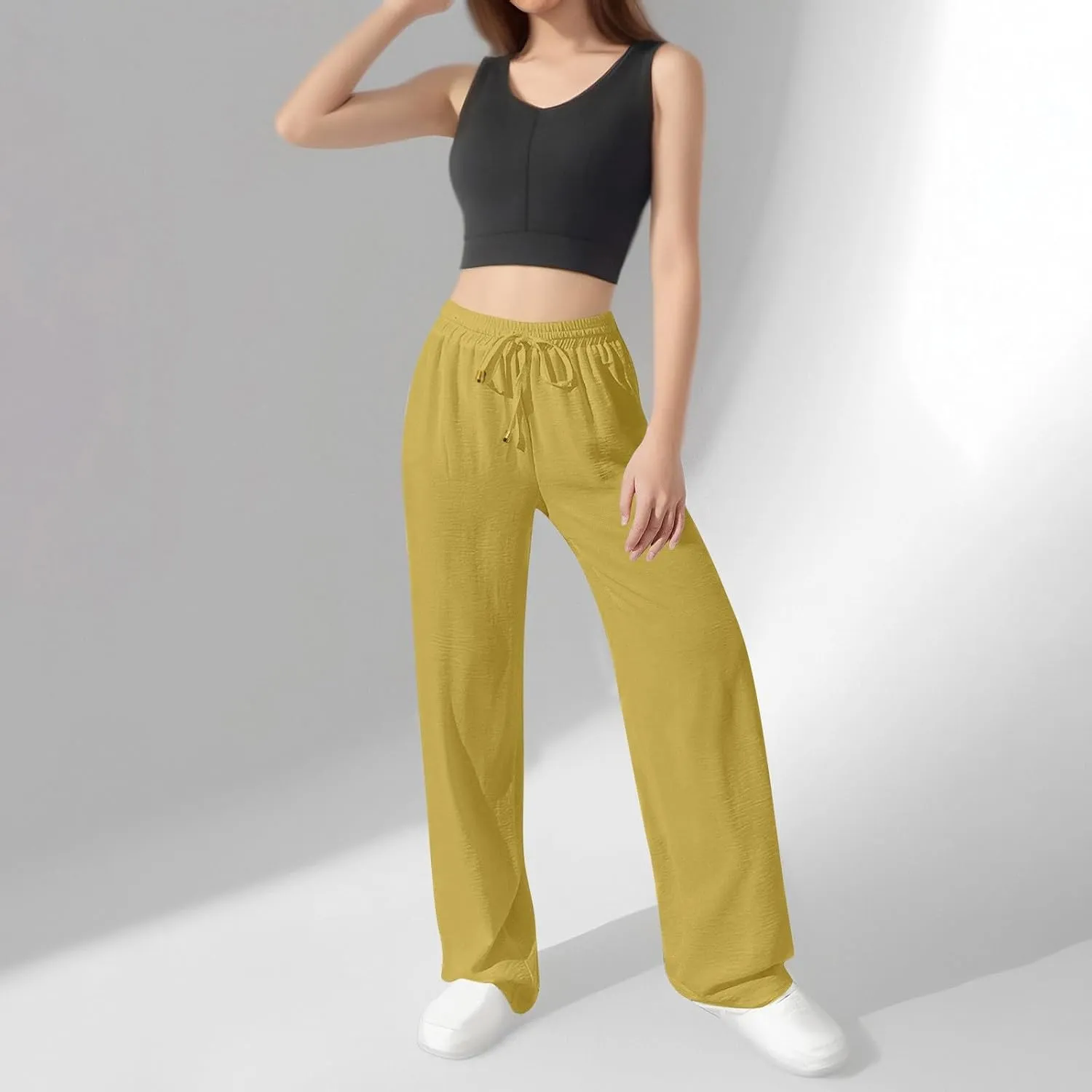 Flowy Linen Pants for Women Summer Wide Legs Pants Drawstring High Waisted Trouser Dressy Palazzo Pant with Pockets