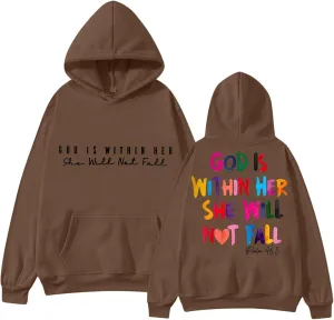 God is Within Her She Will Not Fall Jesus Hoodies for Women Teen Girls Trendy Oversized Graphic Christian Sweatshirt Pullover
