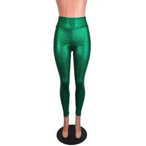 Green Mermaid Scale Holographic High Waisted Leggings Pants
