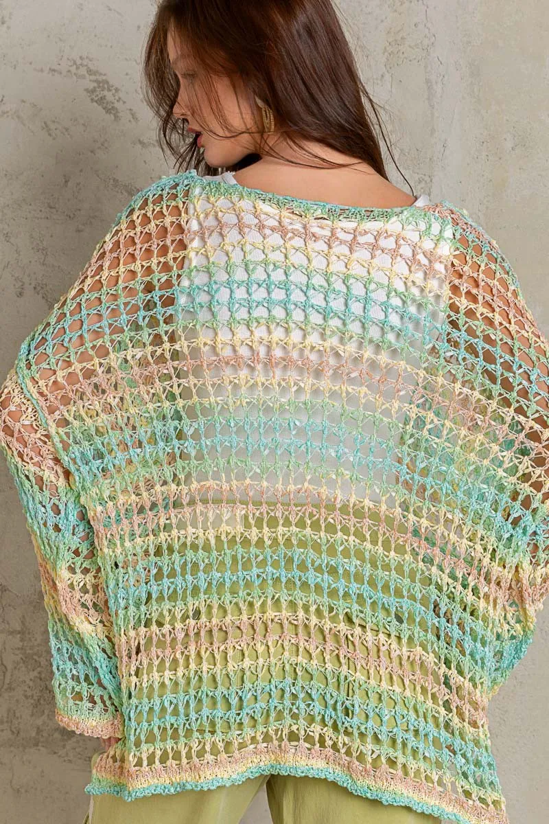Green Oversize open knit round neck stripe sweater top