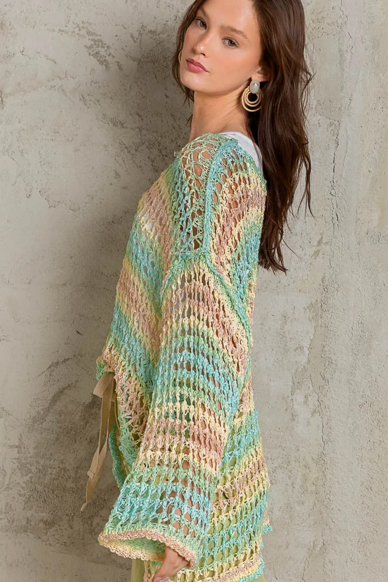 Green Oversize open knit round neck stripe sweater top