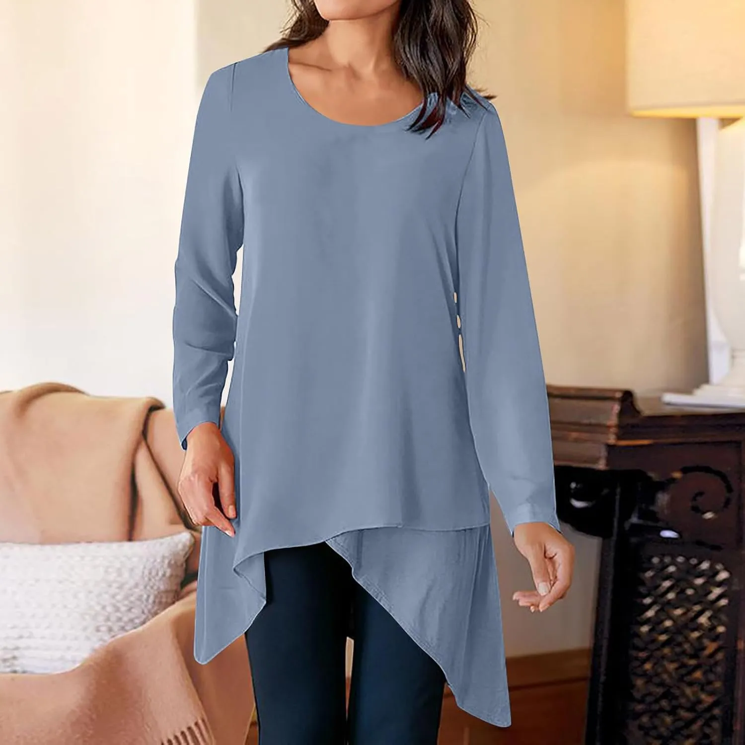 jovati Women's Casual Round Neck T-shirt Fashion Versatile Solid Long Sleeved Pullover Tops Loose Comfy Elegant Blouse