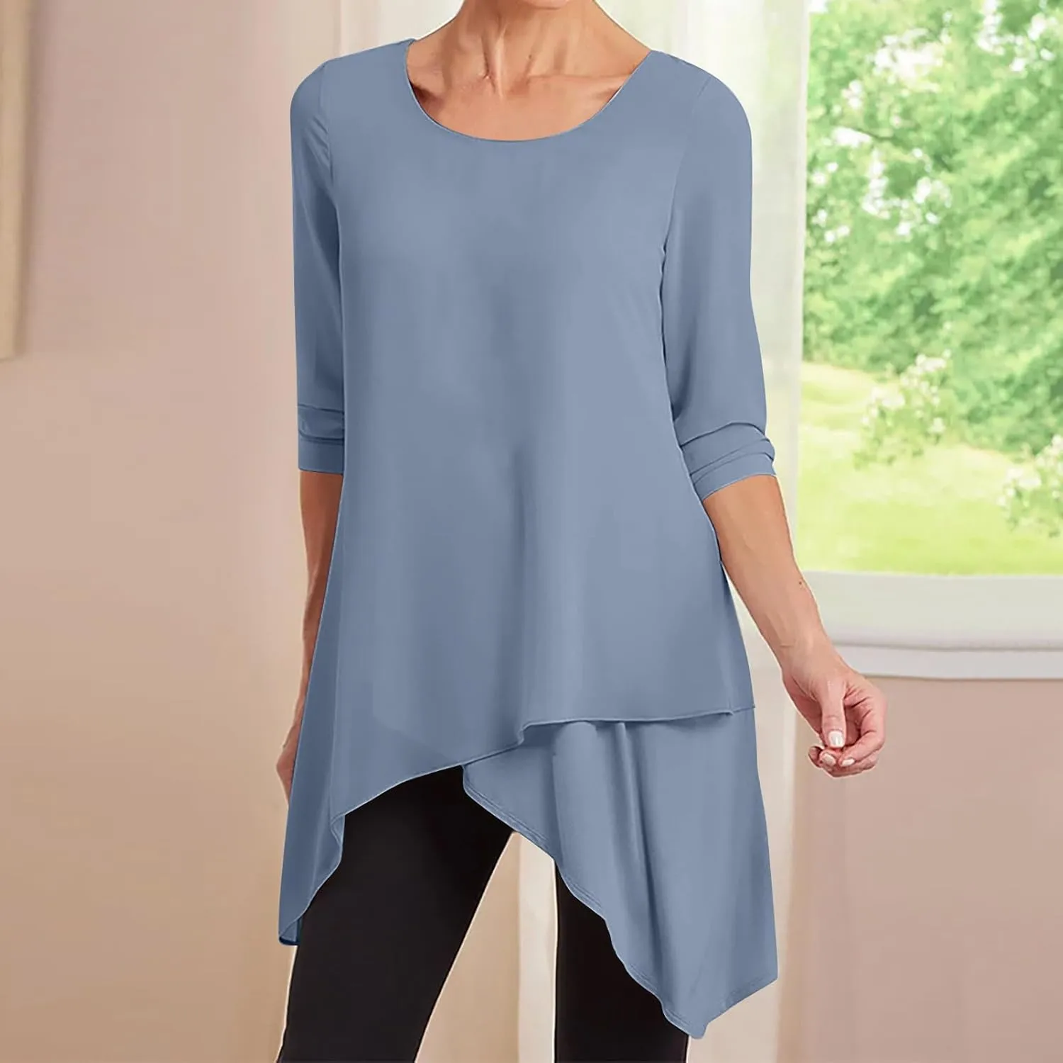jovati Women's Casual Round Neck T-shirt Fashion Versatile Solid Long Sleeved Pullover Tops Loose Comfy Elegant Blouse
