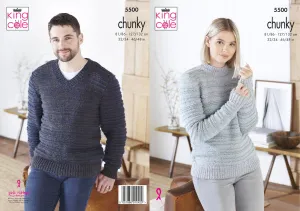 King Cole Chunky Knitting Pattern - Ladies/Mens Sweaters (5500)