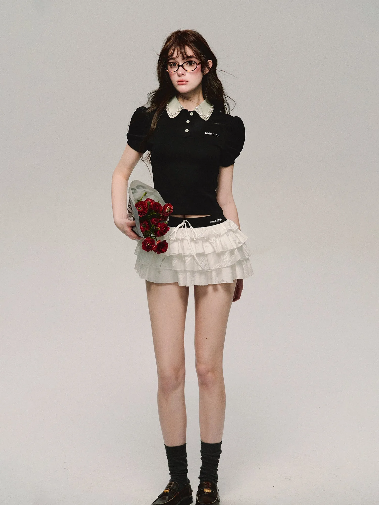 Lace Bijou Bi-Color Chic Puff-Sleeve Cute Tops