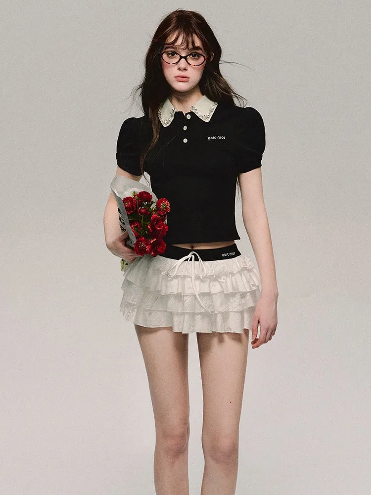 Lace Bijou Bi-Color Chic Puff-Sleeve Cute Tops