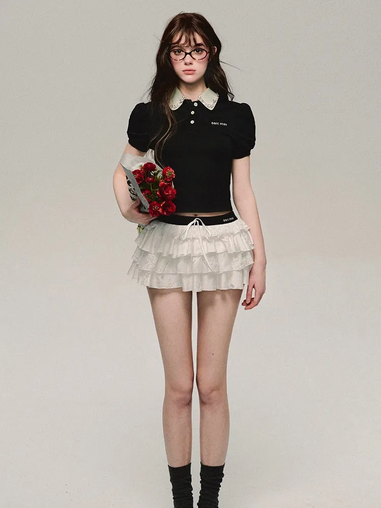 Lace Bijou Bi-Color Chic Puff-Sleeve Cute Tops
