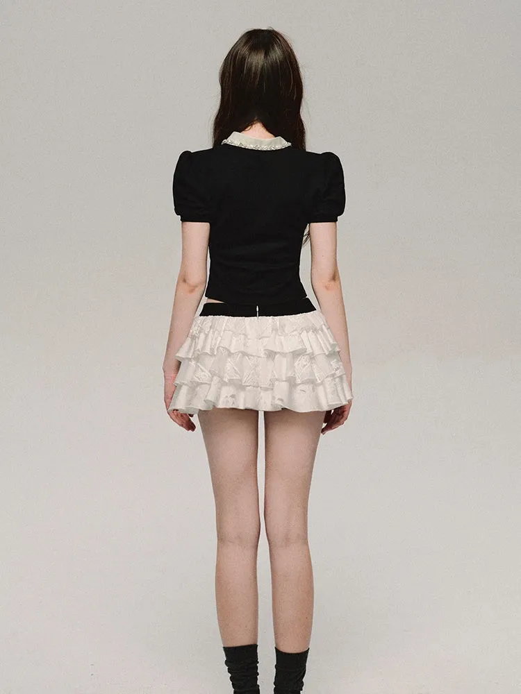 Lace Bijou Bi-Color Chic Puff-Sleeve Cute Tops