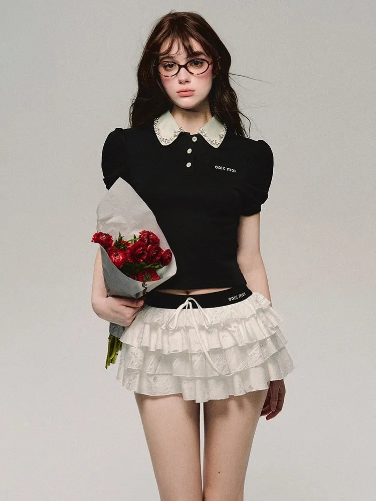 Lace Bijou Bi-Color Chic Puff-Sleeve Cute Tops
