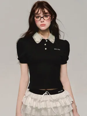 Lace Bijou Bi-Color Chic Puff-Sleeve Cute Tops