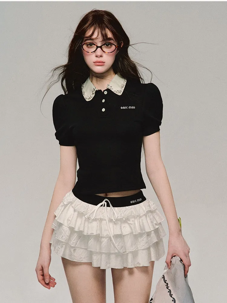 Lace Bijou Bi-Color Chic Puff-Sleeve Cute Tops
