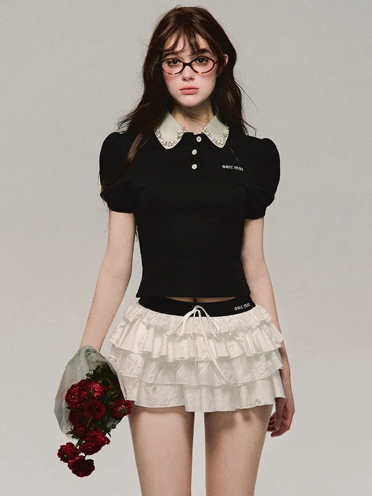 Lace Bijou Bi-Color Chic Puff-Sleeve Cute Tops